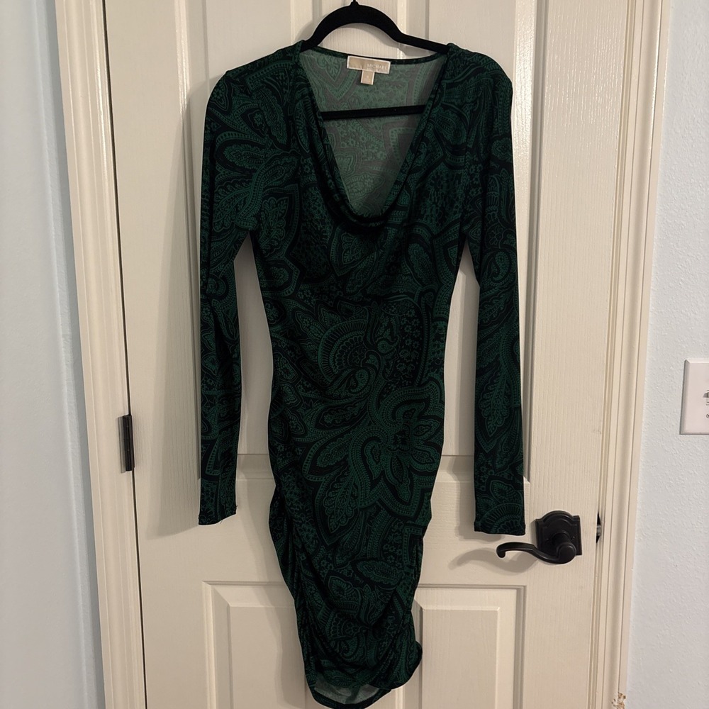 Michael Kors Paisley Rouched Side Dress Midi Cowl Green Black Bodycon Size Small